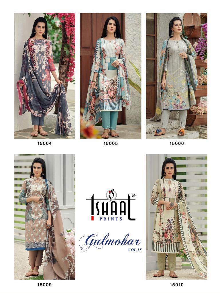 Ishaal Prints Presents Gulmohar Vol 15 Pure Lawn Cotton Fabric With Fancy Work Print Salwar Suit Wholesale Dealer
