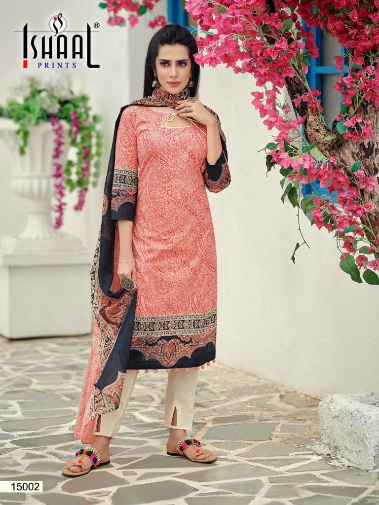 Ishaal Prints Presents Gulmohar Vol 15 Pure Lawn Cotton Fabric With Fancy Work Print Salwar Suit Wholesale Dealer