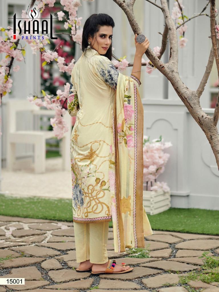 Ishaal Prints Presents Gulmohar Vol 15 Pure Lawn Cotton Fabric With Fancy Work Print Salwar Suit Wholesale Dealer