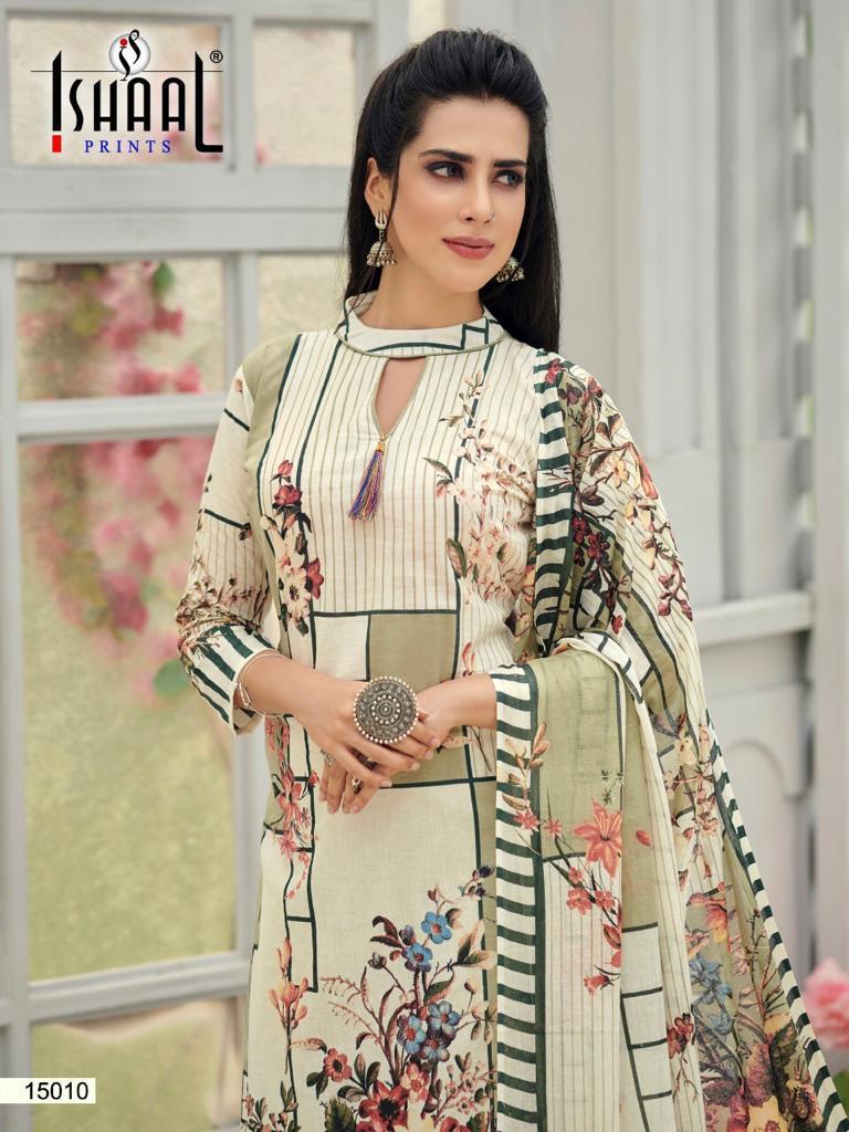 Ishaal Prints Presents Gulmohar Vol 15 Pure Lawn Cotton Fabric With Fancy Work Print Salwar Suit Wholesale Dealer