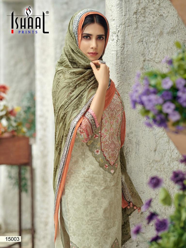 Ishaal Prints Presents Gulmohar Vol 15 Pure Lawn Cotton Fabric With Fancy Work Print Salwar Suit Wholesale Dealer