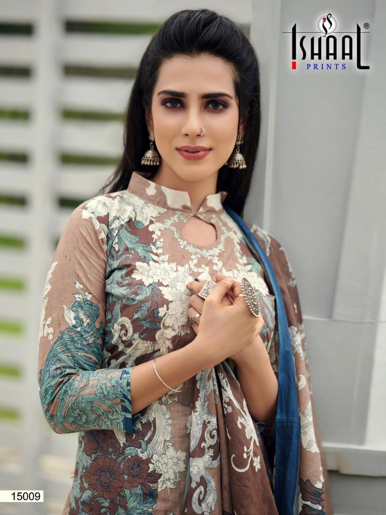 Ishaal Prints Presents Gulmohar Vol 15 Pure Lawn Cotton Fabric With Fancy Work Print Salwar Suit Wholesale Dealer