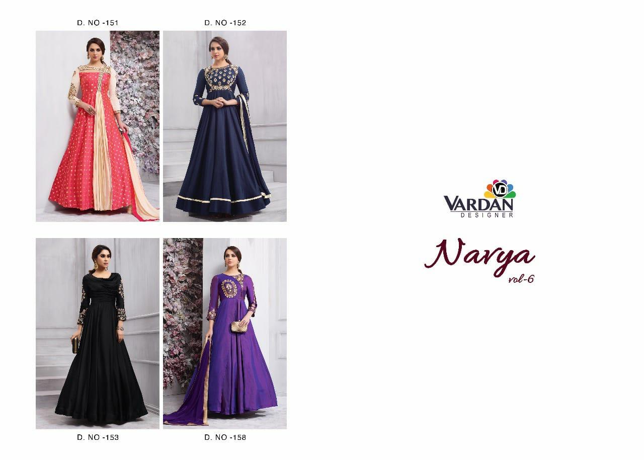 Vardan Designer Presents Navya Vol 6 Banarsi Silk With Heavy Embroidery Gown Type Kurti
