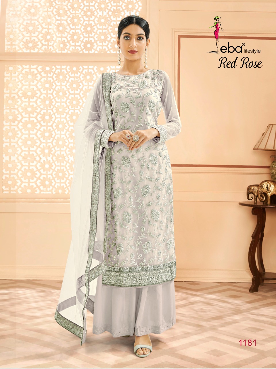 Eba Lifestyle Launched Red Rose Heavy Butterfly Net With Silver Coding Work Pakistani Suits