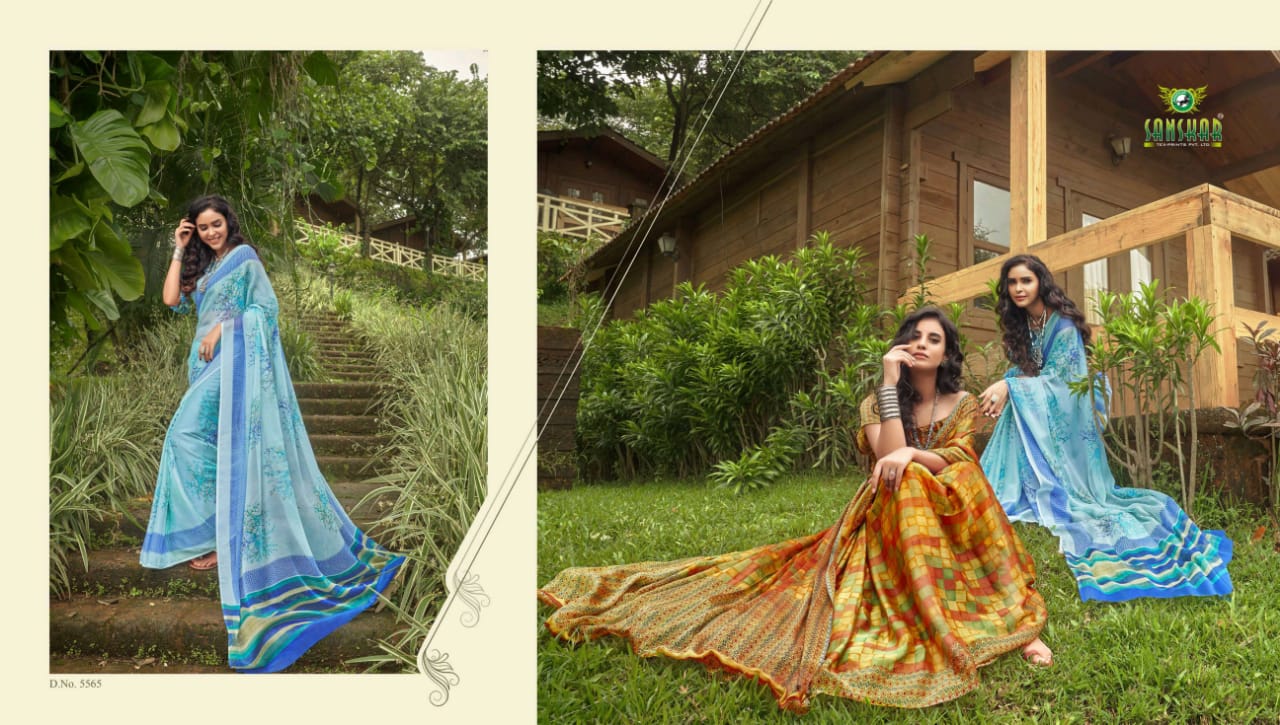 Sanskar Presents Fly Two Tone Chiffon Fancy Designer Sarees