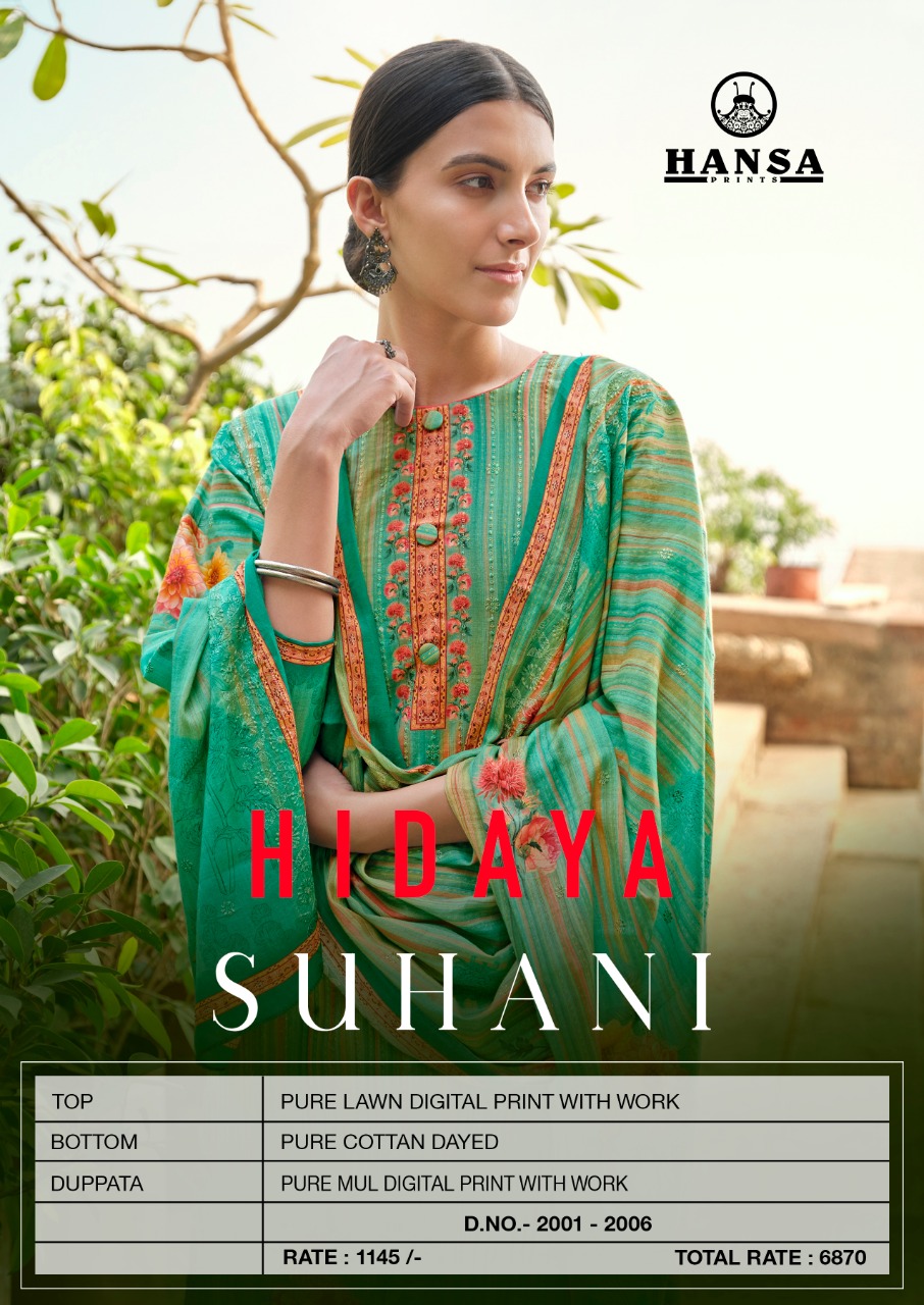 Hansa Hidaya Launched Suhani Pure Lawn Digital Print With Work Fancy Designer Salwar Suits Wholesaler At Surat