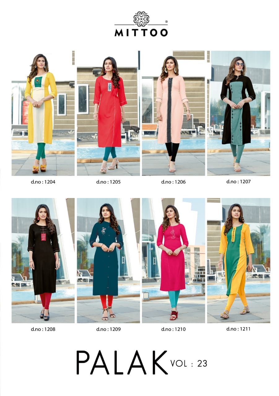 Mittoo Presents Palak Vol 23 Heavy Rayon Fancy Designer Kurtis Wholesale Dealer Surat