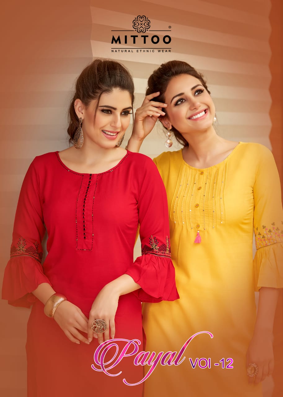 Mittoo Launched Payal Vol 12 Rayon Print Fancy Designer Kurtis Wholesale Dealer Surat
