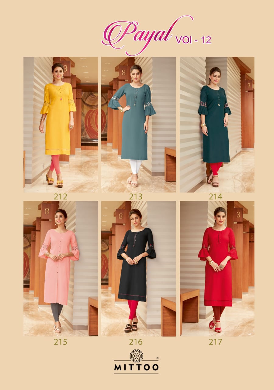Mittoo Launched Payal Vol 12 Rayon Print Fancy Designer Kurtis Wholesale Dealer Surat