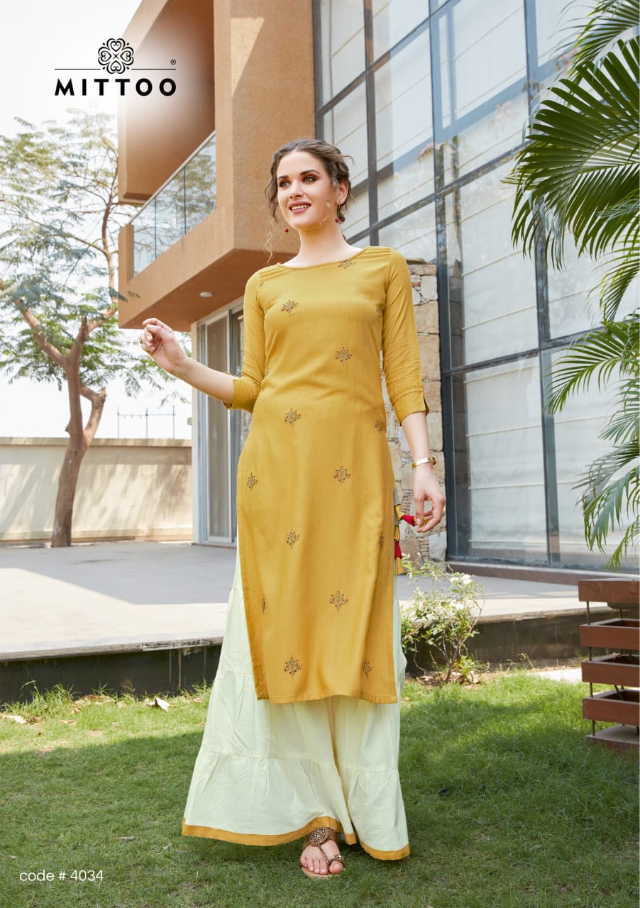 Mittoo Presents Zohra Vol 5 Heavy Rayon With Jari Strips Kurtis And Sharara