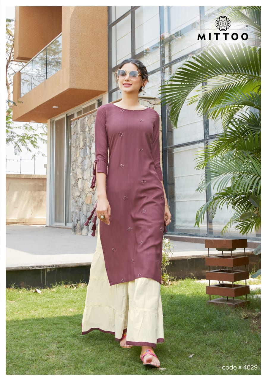 Mittoo Presents Zohra Vol 5 Heavy Rayon With Jari Strips Kurtis And Sharara