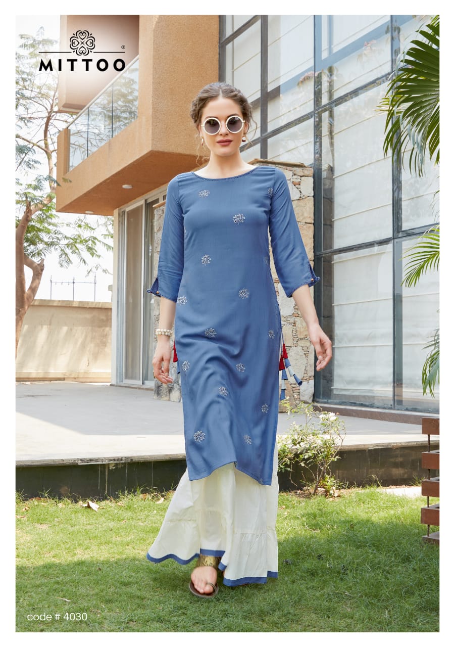 Mittoo Presents Zohra Vol 5 Heavy Rayon With Jari Strips Kurtis And Sharara