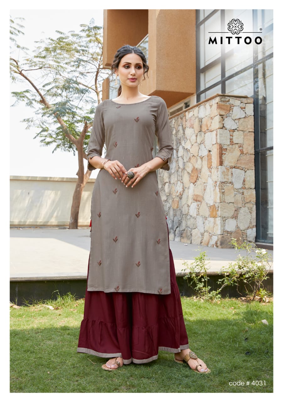 Mittoo Presents Zohra Vol 5 Heavy Rayon With Jari Strips Kurtis And Sharara