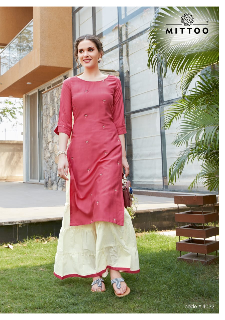 Mittoo Presents Zohra Vol 5 Heavy Rayon With Jari Strips Kurtis And Sharara
