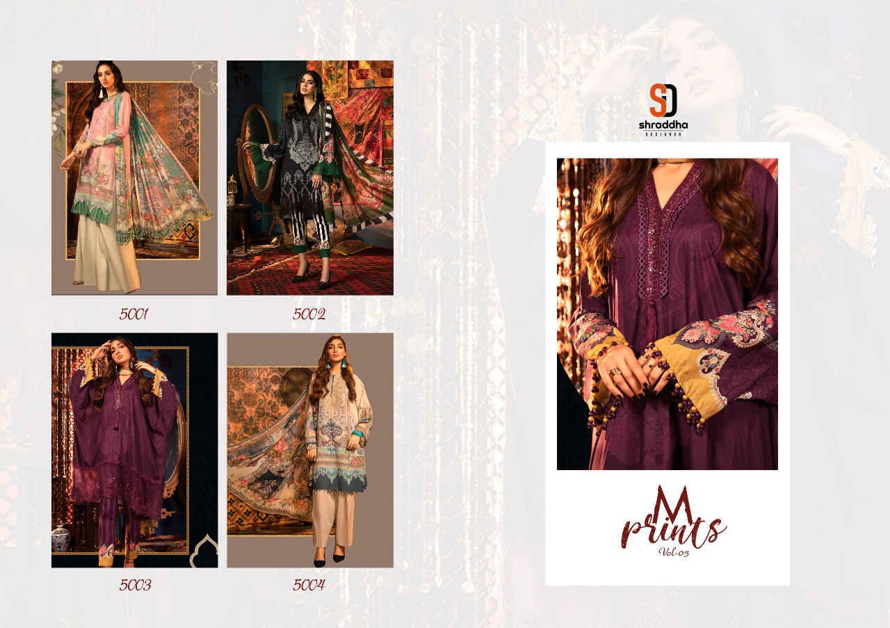 Shraddha Designer Presents M Print Vol 5 Lawn Cotton Print With Heavy Embroidery Work Salwar Suits Wholesale Delar Surat