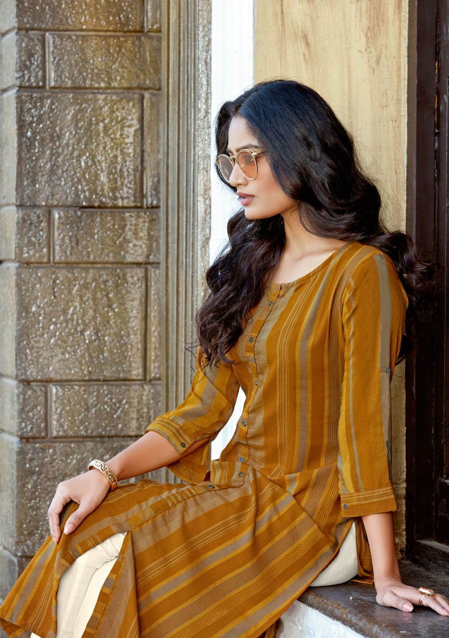Mittoo Launched Mohini Vol 6 Weaving Strips With Rayon Slub Lycra Regular Wear Kurtis Wholesale Dealer Surat