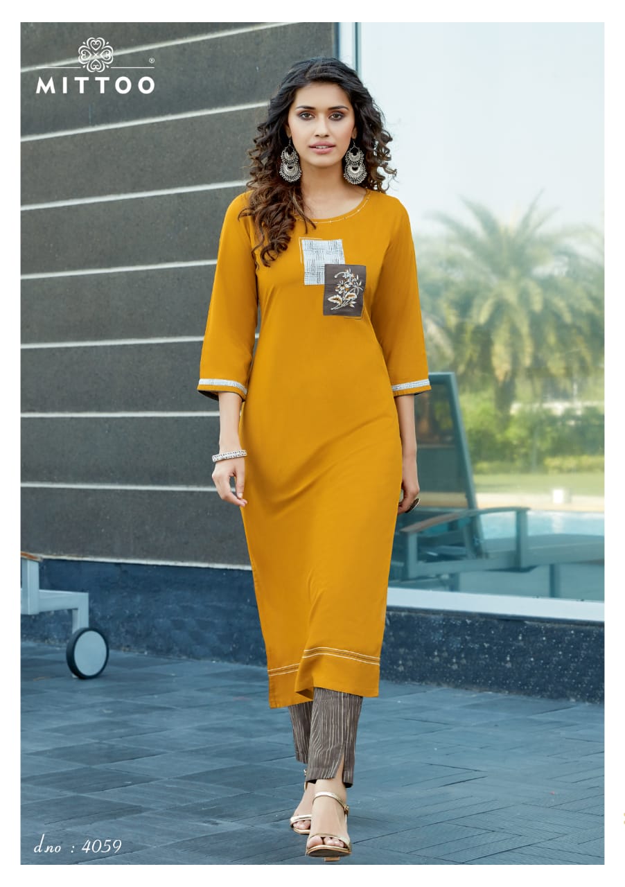 Mittoo Launched Mohini Vol 5 Harvey Rayon With Embroidery Handwork Kurtis And Pants Wholesale Dealer Surat