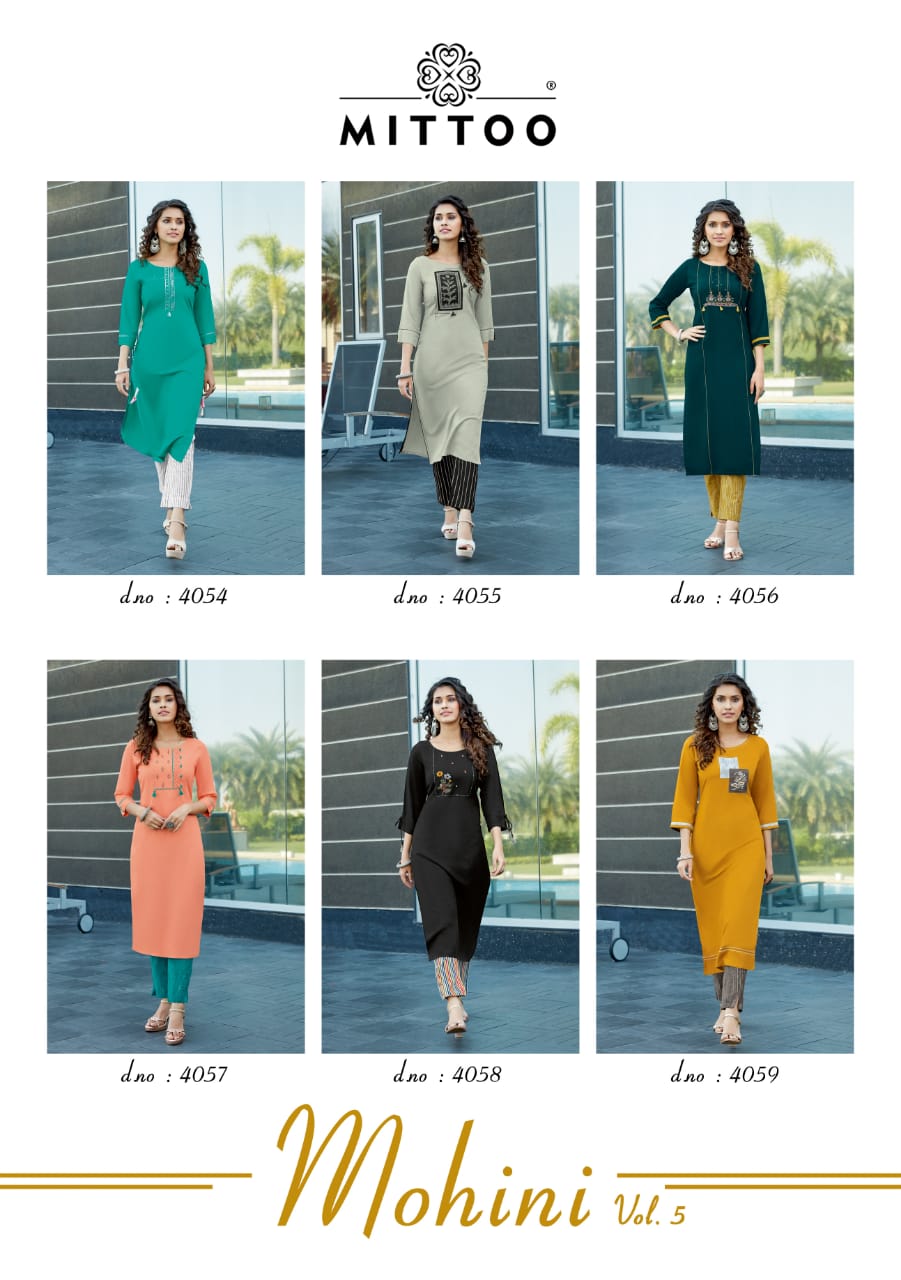 Mittoo Launched Mohini Vol 5 Harvey Rayon With Embroidery Handwork Kurtis And Pants Wholesale Dealer Surat