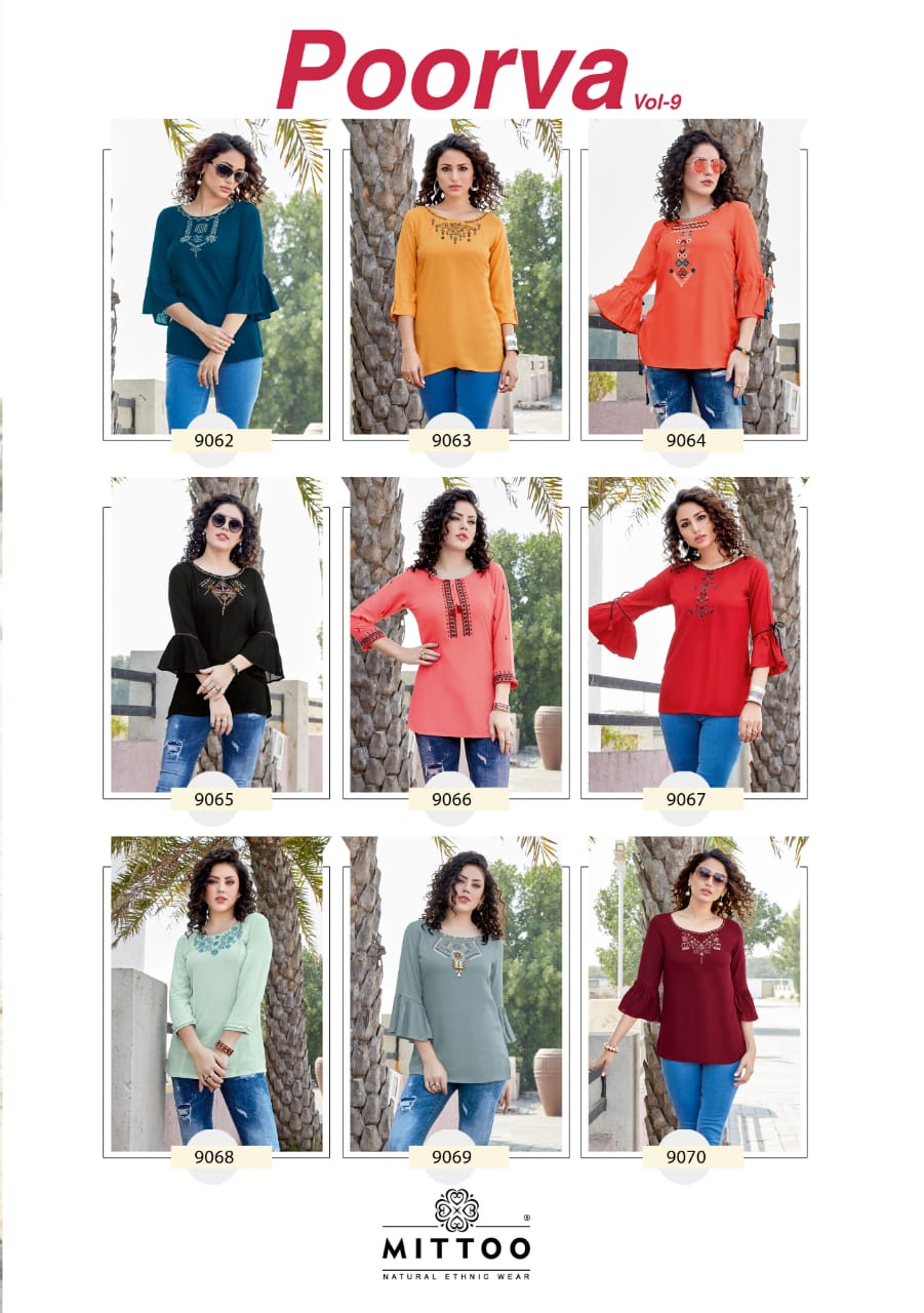 Mittoo Presents Poorva Vol 9 Pure Viscose Fancy Designer Readymade Tops Wholesale Dealer Surat