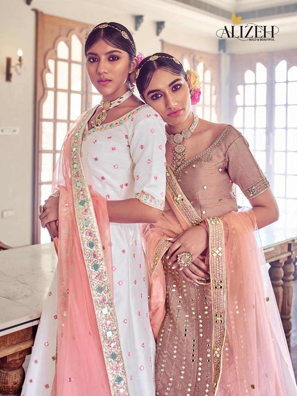 Alizeh Launched Mirror Maze Vol 1 Beautidul Zari Embroidery With Mirror Work Wedding Wear Lehengas Wholesaler Surat