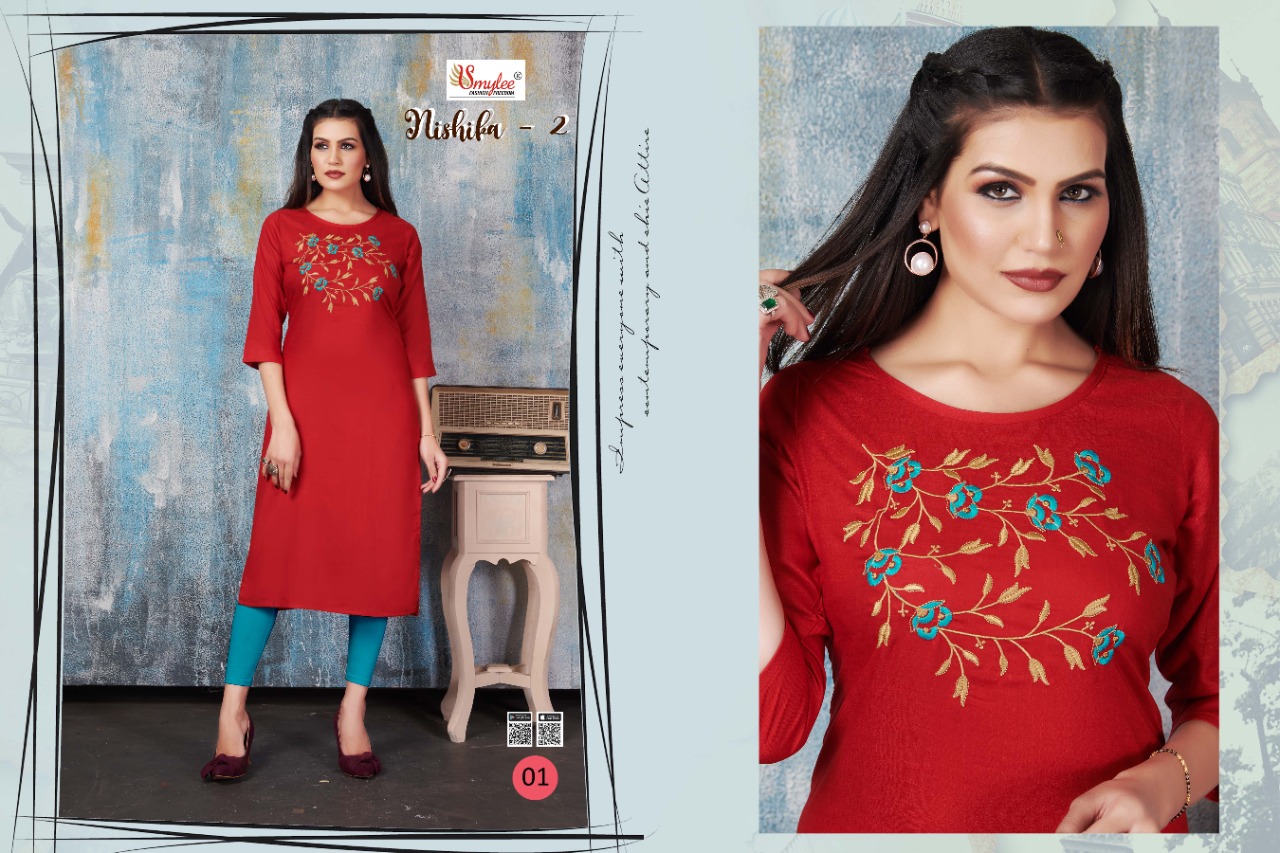 Smylee Fashion Presents Nishika Vol 2 Rayon Slub Print With Manual Embroidery Work Kurtis Wholesale Dealer Surat