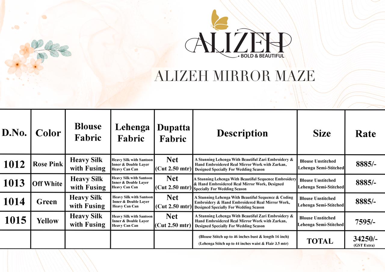 Alizeh Launched Mirror Maze Vol 2 Heavy Silk With Zari Emroidery Mirror Work Wedding Wear Lehengas Wholesale Dealer Surat