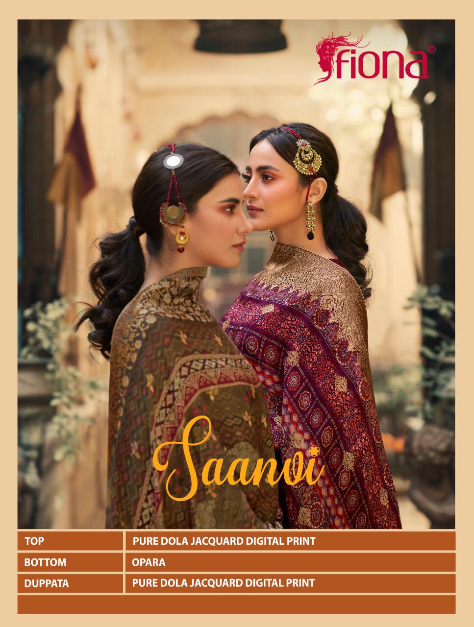 Fiona Launched Saanvi Pure Dola Jacquard Digital Print Fancy Designer Salwar Suits Wholesale Dealer Surat
