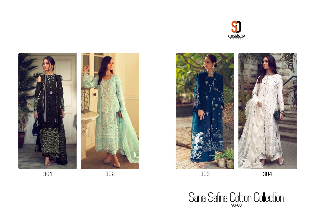 Shraddha Designer Launched Sana Safina Vol 3 Cambric Cotton With Heavy Embroidery Chicken Work Pakistani Suits Wholesaler Surat