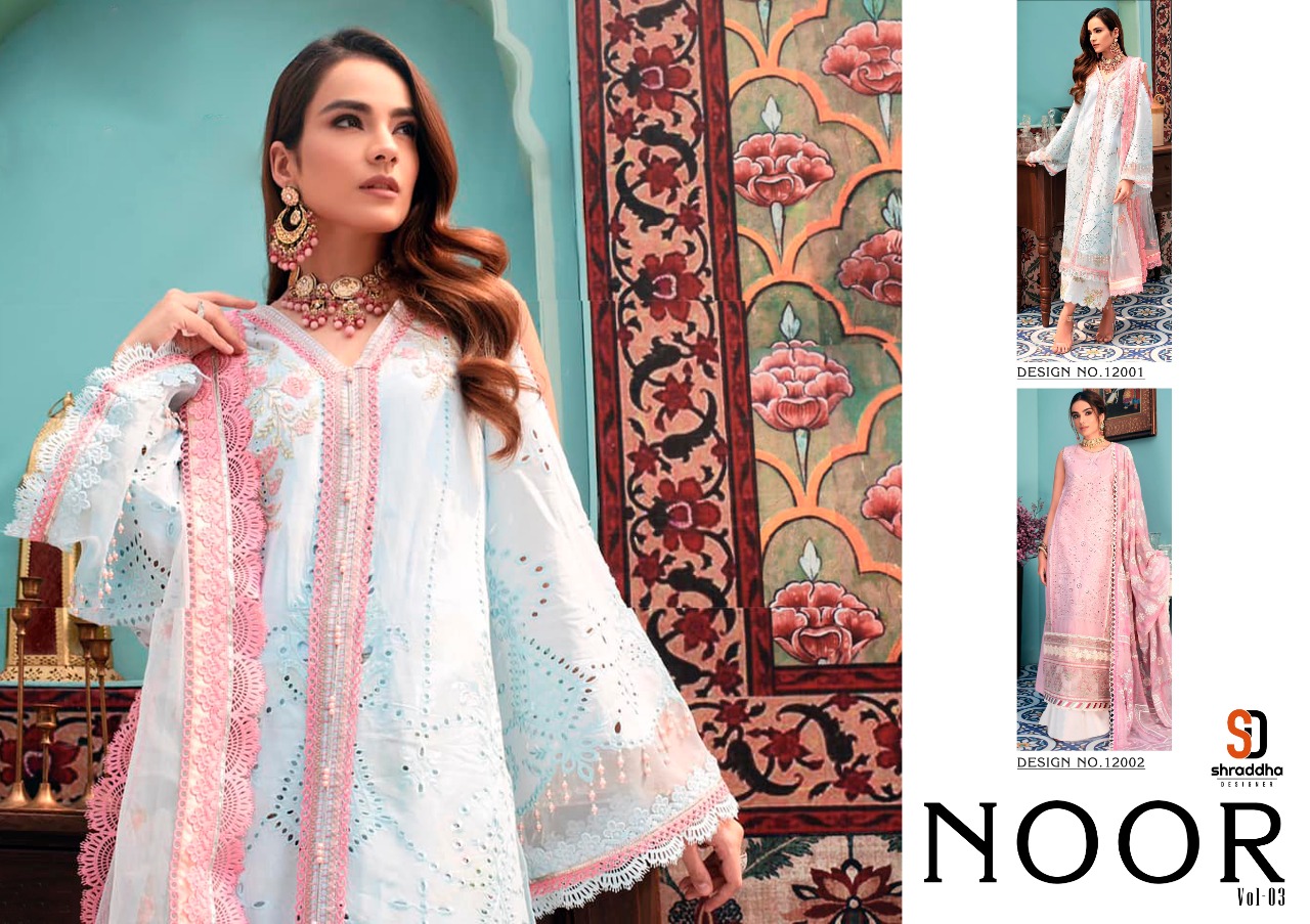 Shraddha Designer Launched Noor Vol 3 Cambric Cotton With Heavy Embroidery Chicken Work Pakistani Suits Wholesale Dealer Surat