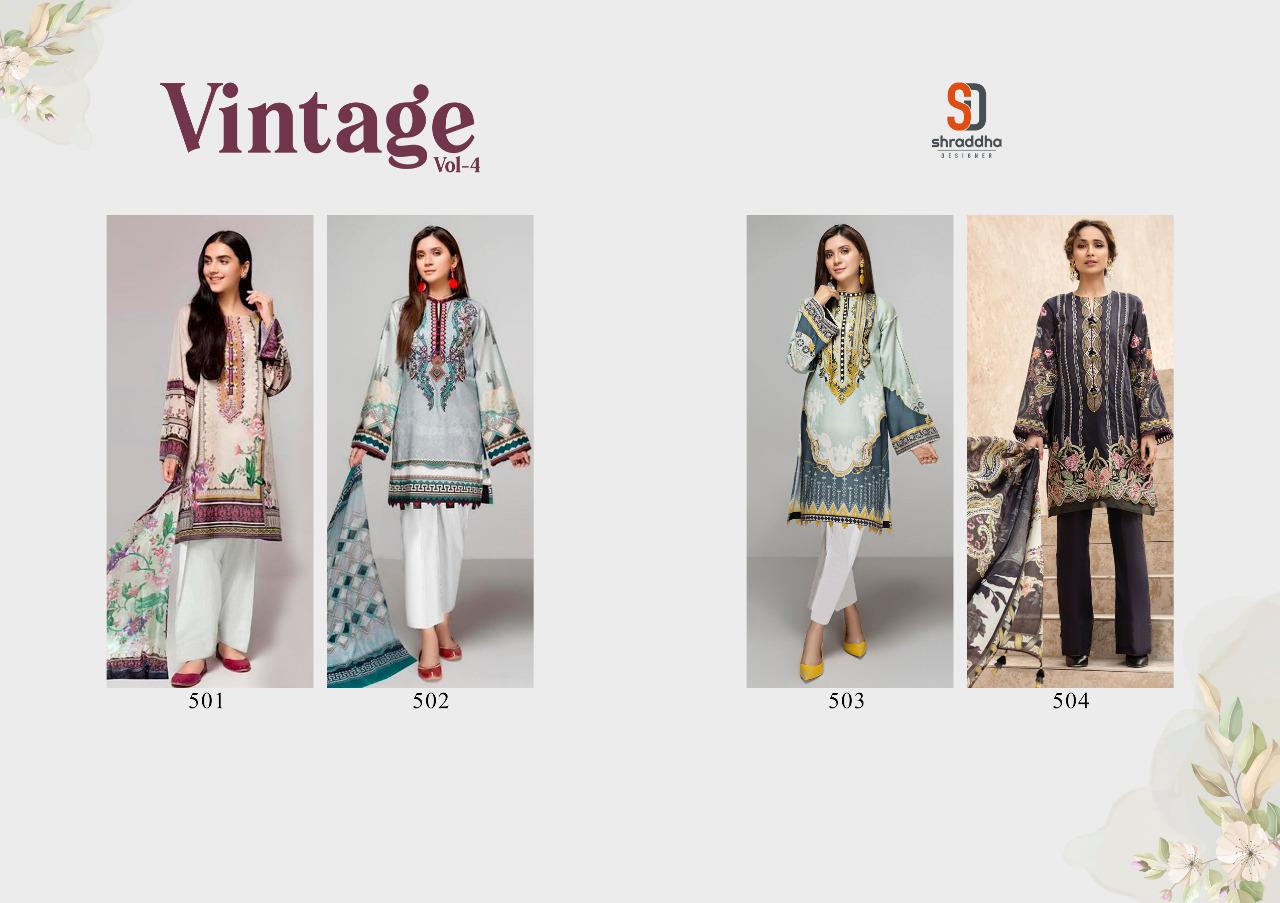 Shraddha Desogner Launched Vintage Vol 4 Lawn Cotton Printed Heavy Embroidery Salwar Suits Wholesale Dealer Surat