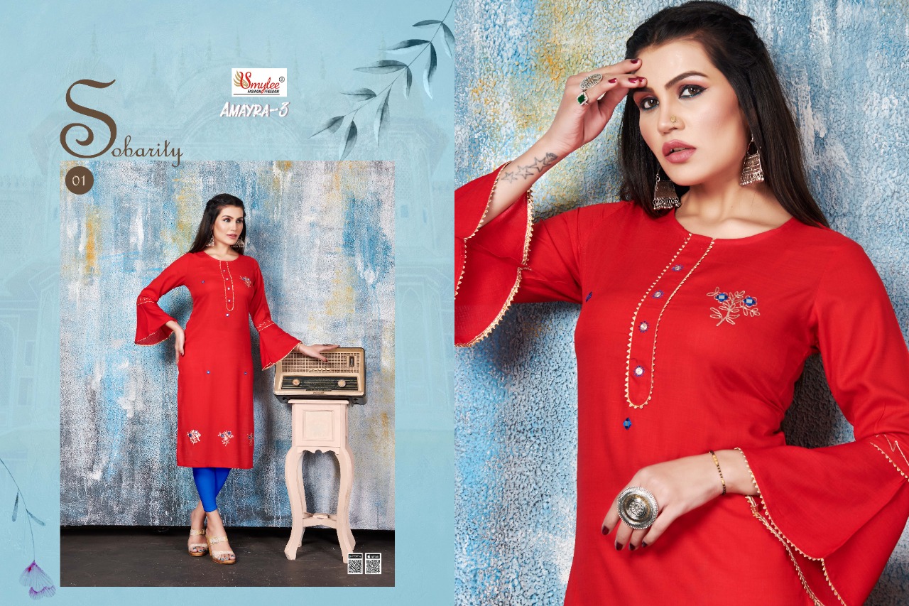 Smylee Fashion Launched Amayra Vol 3 Heavy Rayon Slub With Pitten Work Kurtis Wholesale Dealer Surat