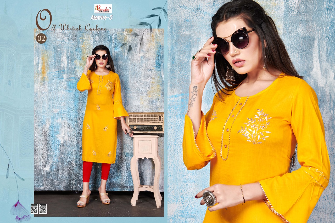 Smylee Fashion Launched Amayra Vol 3 Heavy Rayon Slub With Pitten Work Kurtis Wholesale Dealer Surat