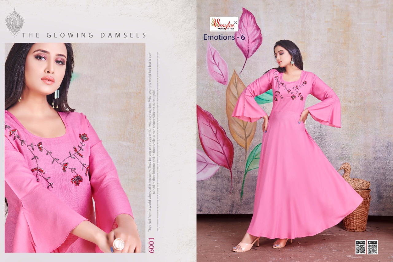Smylee Fashion Launched Emotions Vol 6 Heavy Rayon Slub With Heavy Handwork Long Gown Type Kurtis Wholesale Dealer Surat