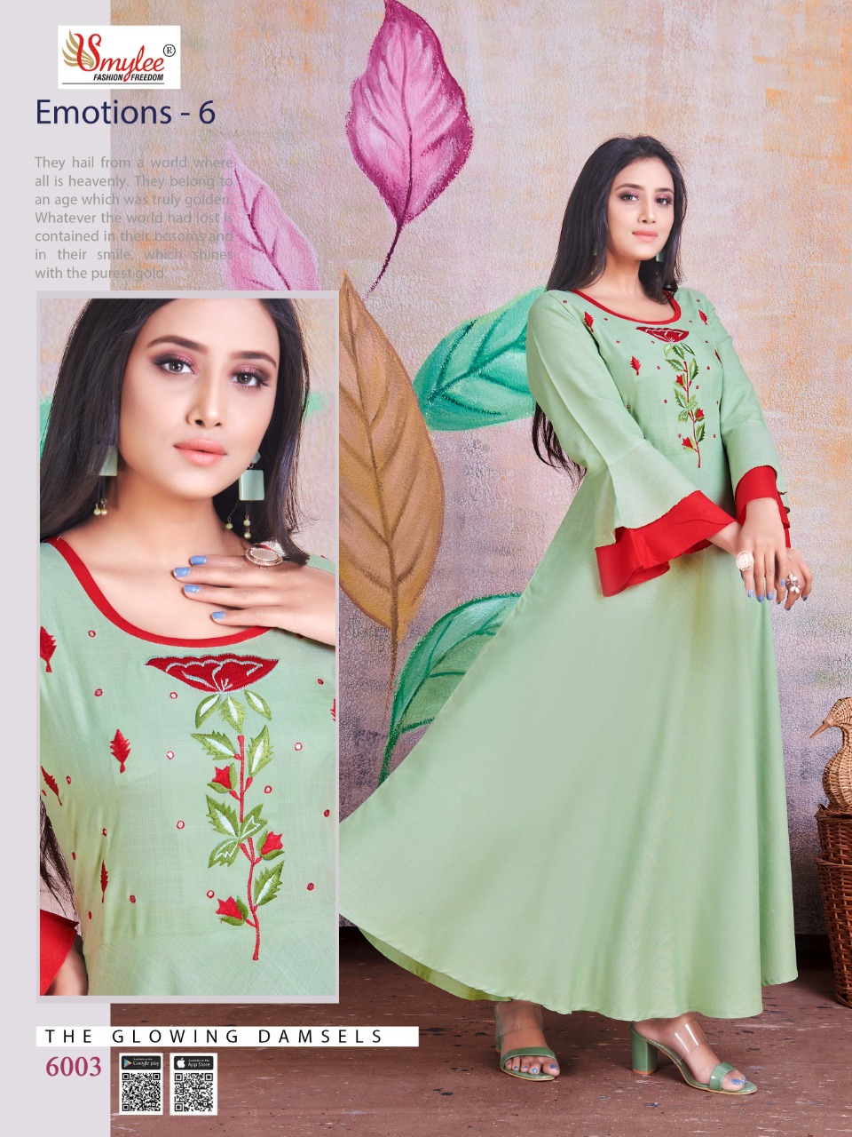 Smylee Fashion Launched Emotions Vol 6 Heavy Rayon Slub With Heavy Handwork Long Gown Type Kurtis Wholesale Dealer Surat