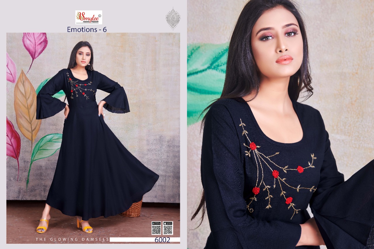 Smylee Fashion Launched Emotions Vol 6 Heavy Rayon Slub With Heavy Handwork Long Gown Type Kurtis Wholesale Dealer Surat