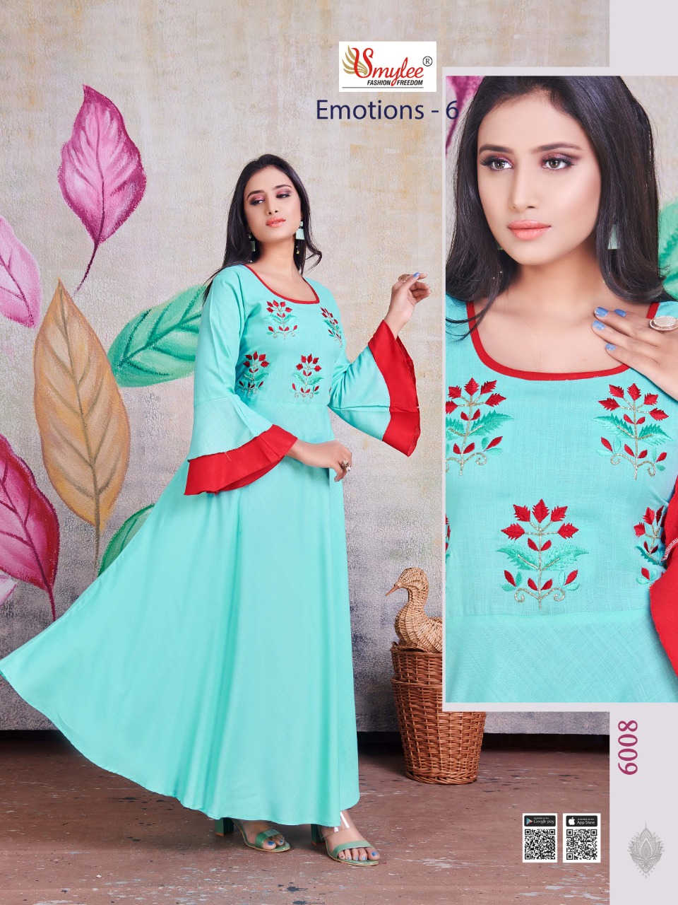 Smylee Fashion Launched Emotions Vol 6 Heavy Rayon Slub With Heavy Handwork Long Gown Type Kurtis Wholesale Dealer Surat