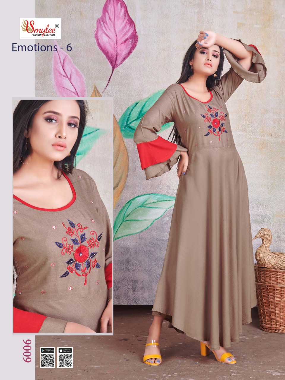 Smylee Fashion Launched Emotions Vol 6 Heavy Rayon Slub With Heavy Handwork Long Gown Type Kurtis Wholesale Dealer Surat