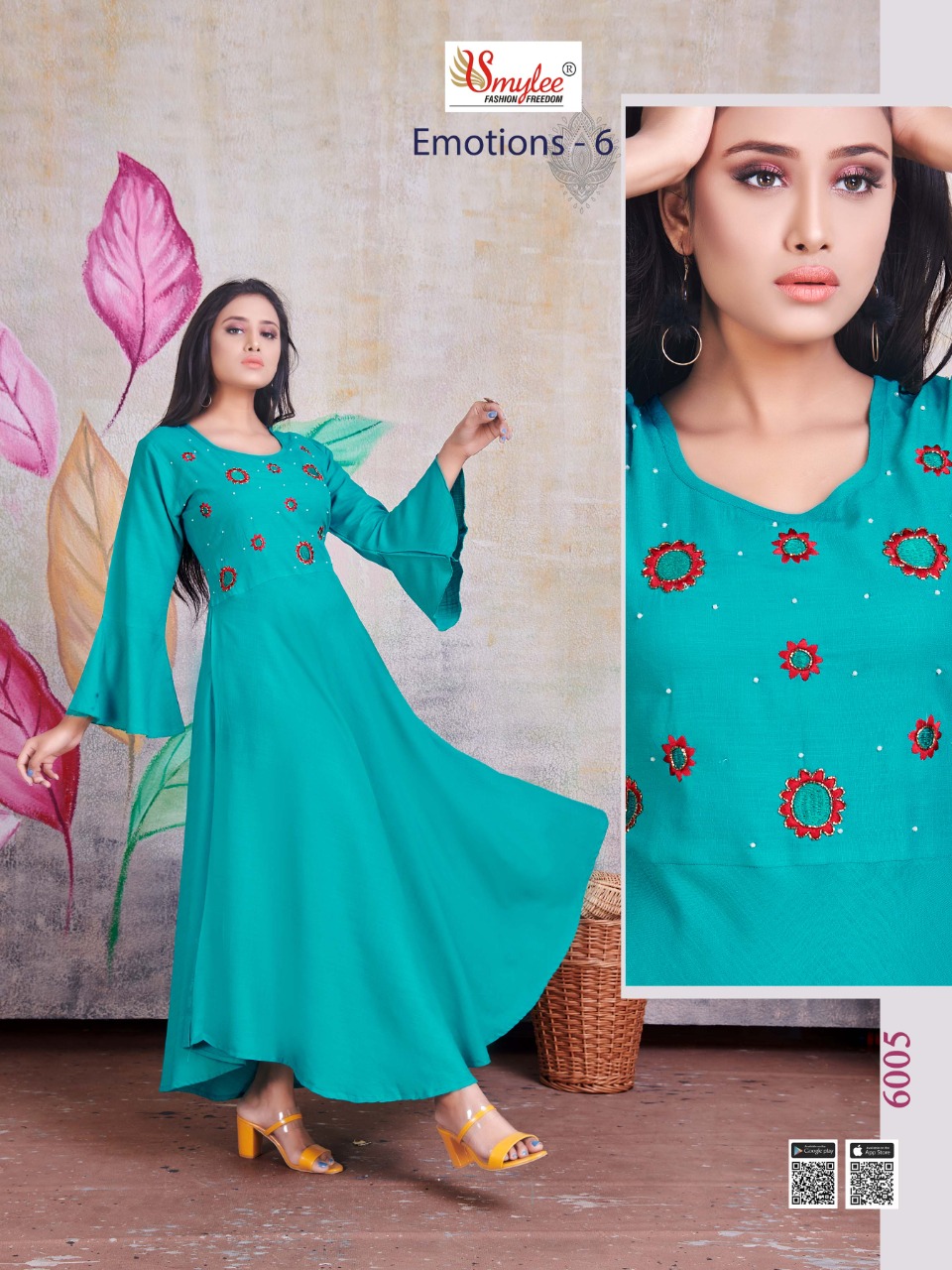Smylee Fashion Launched Emotions Vol 6 Heavy Rayon Slub With Heavy Handwork Long Gown Type Kurtis Wholesale Dealer Surat