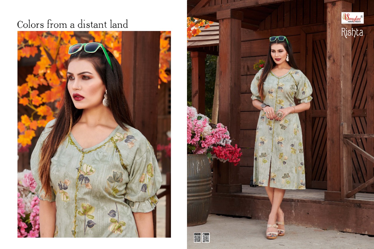 Smylee Fashion Launched Rishta Rayon With Foil Print Long Frock Style Kurtis Wholesale Dealer Surat