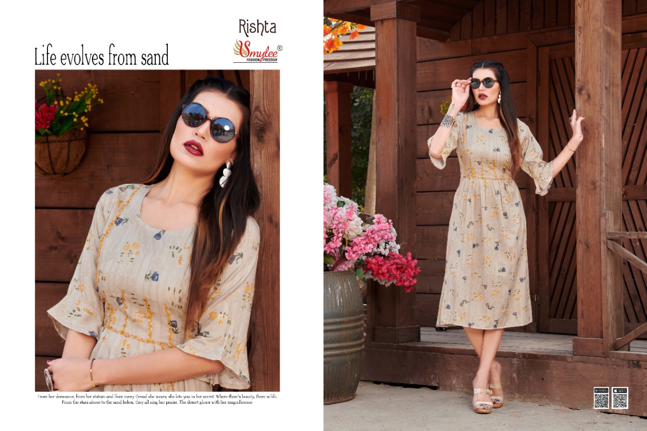 Smylee Fashion Launched Rishta Rayon With Foil Print Long Frock Style Kurtis Wholesale Dealer Surat