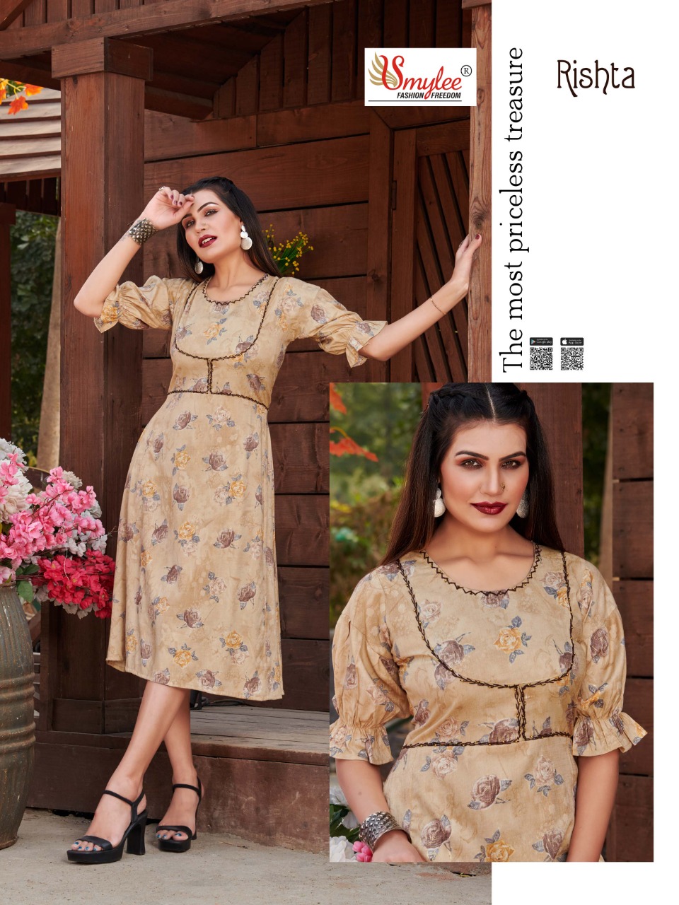 Smylee Fashion Launched Rishta Rayon With Foil Print Long Frock Style Kurtis Wholesale Dealer Surat