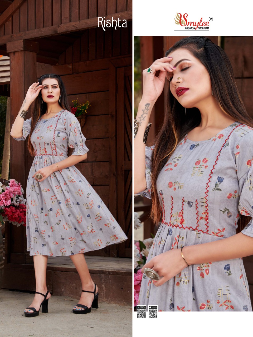 Smylee Fashion Launched Rishta Rayon With Foil Print Long Frock Style Kurtis Wholesale Dealer Surat