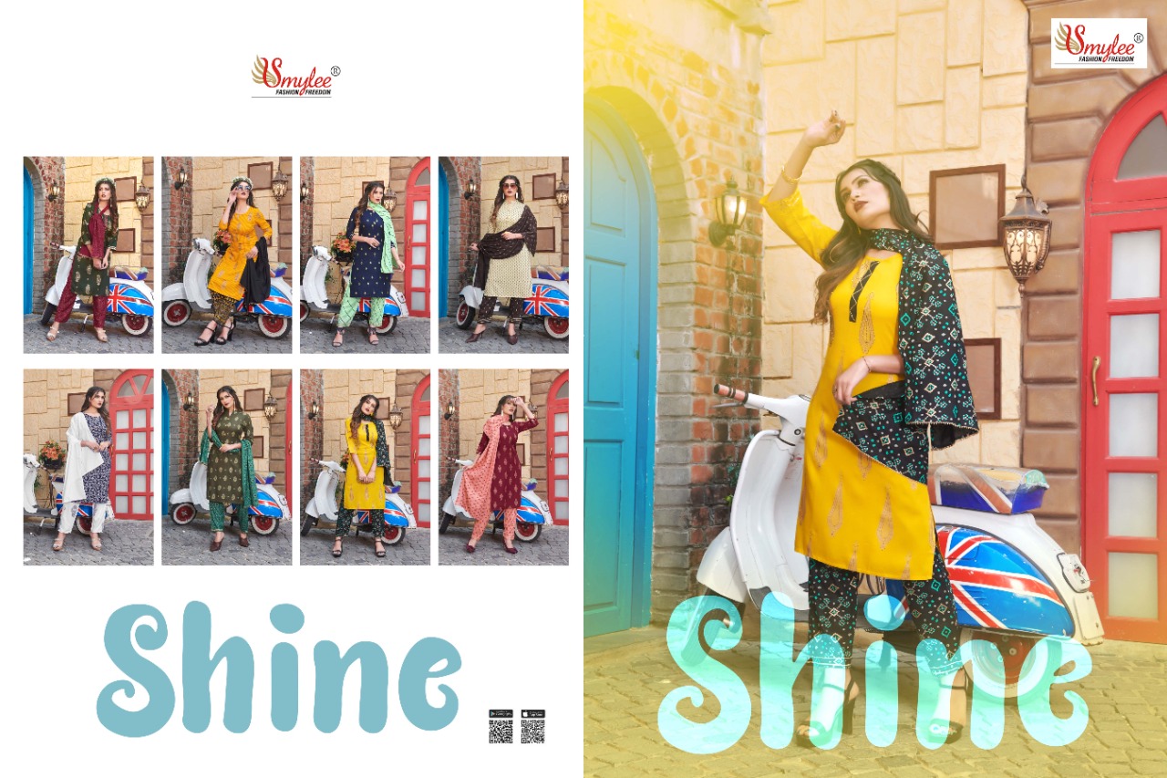 Smylee Fashion Launched Shine Heavy Rayon Print With Manual Handwork Straight Kurtis And Pants Wholesale Dealer Surat