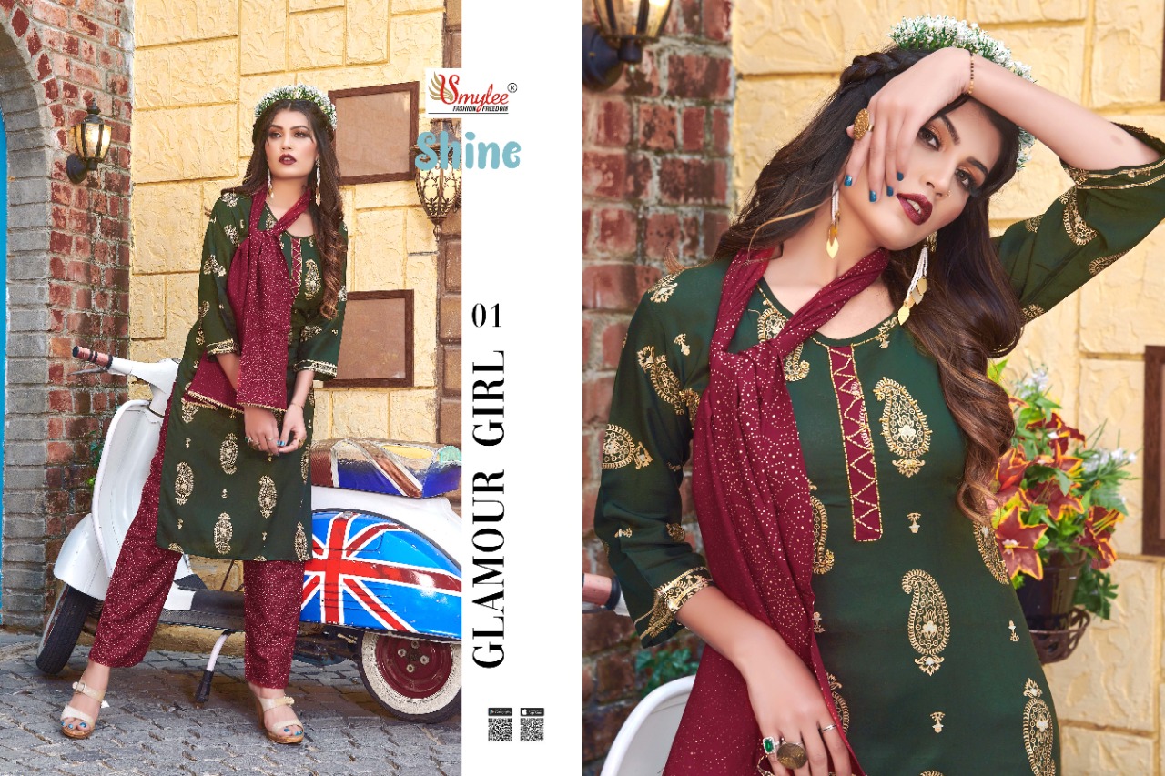 Smylee Fashion Launched Shine Heavy Rayon Print With Manual Handwork Straight Kurtis And Pants Wholesale Dealer Surat