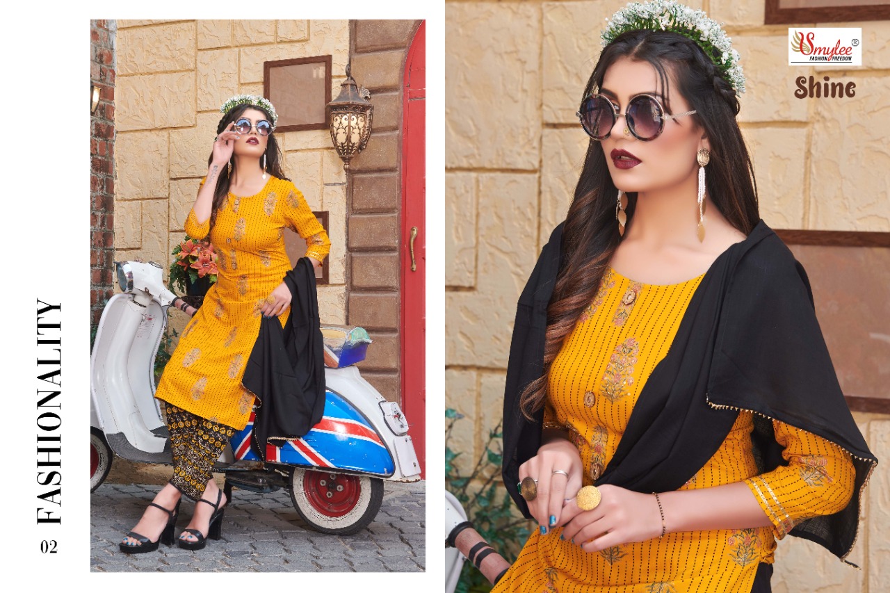 Smylee Fashion Launched Shine Heavy Rayon Print With Manual Handwork Straight Kurtis And Pants Wholesale Dealer Surat