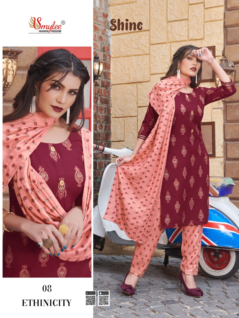 Smylee Fashion Launched Shine Heavy Rayon Print With Manual Handwork Straight Kurtis And Pants Wholesale Dealer Surat
