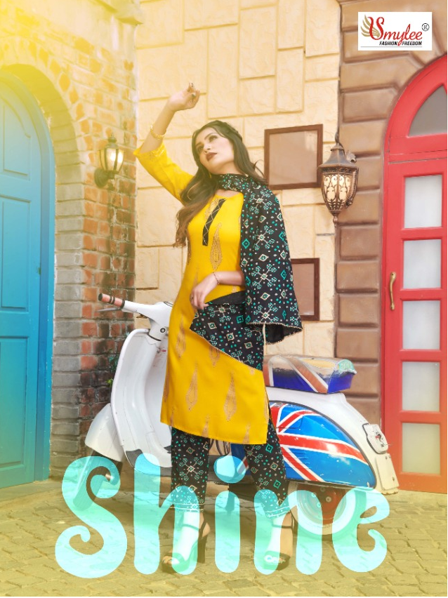 Smylee Fashion Launched Shine Heavy Rayon Print With Manual Handwork Straight Kurtis And Pants Wholesale Dealer Surat