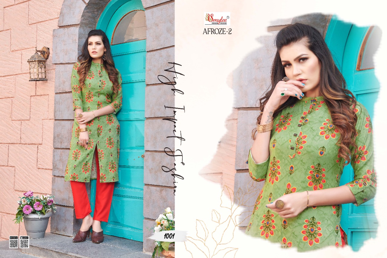 Smylee Fashion Launched Afroze Vol 2 Heavy Foil Print Rayon Fancy Designer Casual Wear Kurtis And Plazzo Wholesaler Surat