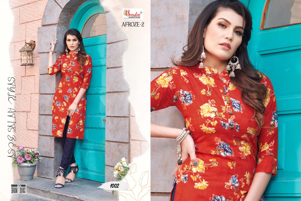 Smylee Fashion Launched Afroze Vol 2 Heavy Foil Print Rayon Fancy Designer Casual Wear Kurtis And Plazzo Wholesaler Surat