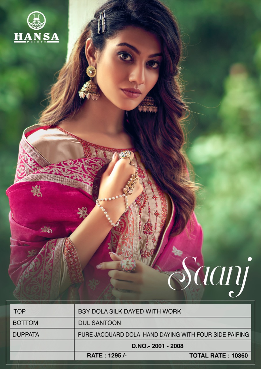 Hansa Prints Launched Saanj Bsy Dola Silk Dyed With Embroidery Work Salwar Suits Wholesale Dealer Surat